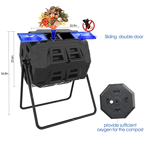 SQUEEZE master Large Compost Tumbler Bin - Outdoor Garden Rotating with Thermometer -Automatic Temperature Measurement-Sturdy Steel Frame - 43Gallon (2-21.5Gal)- Blue Door - color: Blue