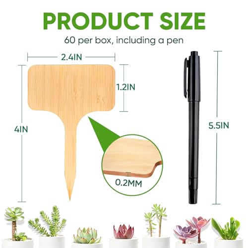Plant Labels, 60-Pack Bamboo Garden Markers with Dual-Tip Marker