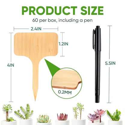 Plant Labels, 60-Pack Bamboo Garden Markers with Dual-Tip Marker