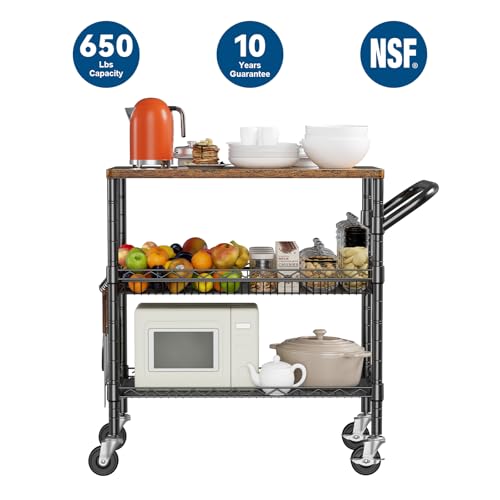 WDT 3 Tier Rolling Carts with Wheels, Heavy Duty Rolling Utility Cart with Wood Tabletop, Commercial Grade Metal Cart with Handle and Hooks, NSF Storage Serving Carts for Kitchen Island, Wood+Metal - color: Wood+metal-3 Tier