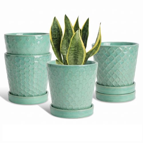 EFISPSS Ceramic Plant Pots, 5 Inch Planters with Drainage Holes and Ceramic Tray, Relief Design Flower Planter, Desktop Office Windowsill Decoration Gift Set of 4 - Transforming Teal - color: Transforming Teal
