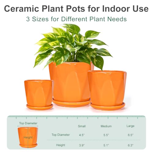 Ceramic Plant Pots Set of 3, Indoor Planter with Drainage Holes and Saucers - color: 2-orange