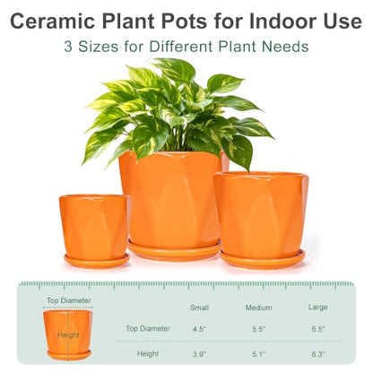 Ceramic Plant Pots Set of 3, Indoor Planter with Drainage Holes and Saucers - color: 2-orange