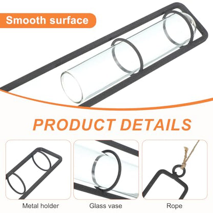 PATIKIL Plant Propagation Wall Hanging Terrarium with Metal Holder, 1 Sets Medium Glass Planter Tube Vase for Hydroponic Flower Office Bathroom Bedroom Decor, Black