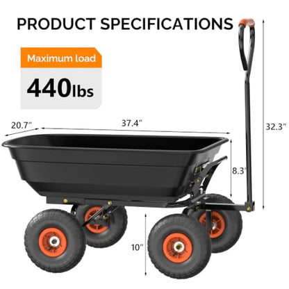 VINGLI Dump Cart Wagon, 440LBS Quick-Release Dump Wheelbarrow, All-Terrain 10" Tires Garden Wagon for Yard, Lawn and Outdoor Use (Black) - color: Black