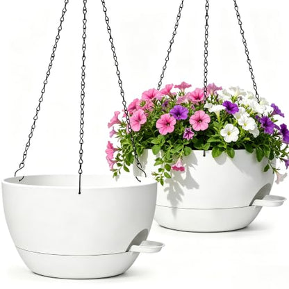 12" Self Watering Hanging Planters with Chains, White, 2 Pack - color: White, size: 2 pack 12 inches