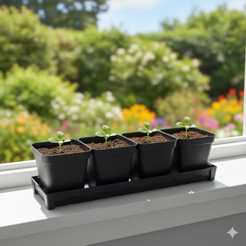 5 Pack Plastic Window Sill Saucer (16"x5.5"x1.5"), Rectangular Windowsill Plant Pot Trays with Removable Drainage Hole, Thick Plant Saucer Tray for 4 inch (10CM) Flower Seedling Pots (Black) - size: Trays (16"x5.5"x1.5") for 4 Inch Pots-5 Pack