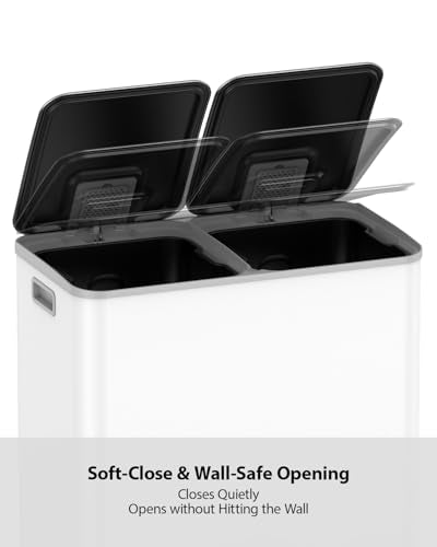 Lovewind Dual Trash and Recycling Bins for Kitchen, 2 * 11-Gallon Stainless Steel Double Trash Can, Step-On Garbage and Recycle Combo, Quiet Close, Pet-Proof, Compatible with 13-Gallon Bags, White - color: White, size: 2 x 11 Gallon