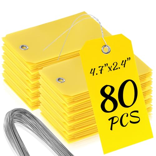 80 Pcs Plastic Tags with Wire for Labeling, Waterproof Blank Shipping & Price Tags Bulk with Metal Eyelet and String, 4.7"x2.4" for Home Office Warehouse Farm Garden Luggage (Yellow) - color: Yellow