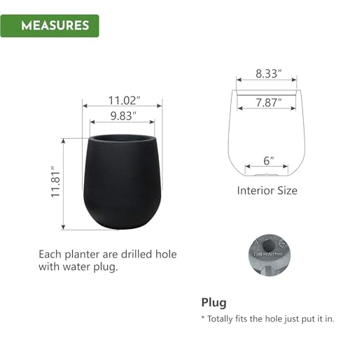 11.8" H Plastic Matte textured Black Planters with Drainage Holes and Plug - color: Black, size: 11.81"