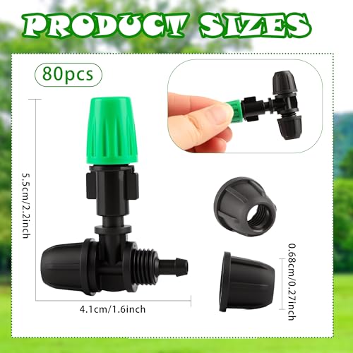 80 Pcs Drip Irrigation Fittings Misting Emitters for 1/4 Inch Irrigation Tubing 3 Way Tee Atomizing Nozzle Kit Micro Spray Parts Adjustable Watering System Garden