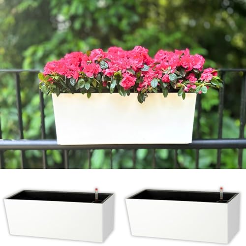 LaLaGreen Rail Planter for Balcony Outdoor (20 Inch, 2 Pack) Large White Self Watering Deck Railing Planters with Brackets, Rectangular Plastic Fence Flower Box Designer Choice - color: 20" X 2 (White)