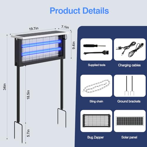 Solar Bug Zapper Outdoor, 20W Powerful Mosquito Zapper Outdoor - size: 19.7 inches for 3000 sq.ft