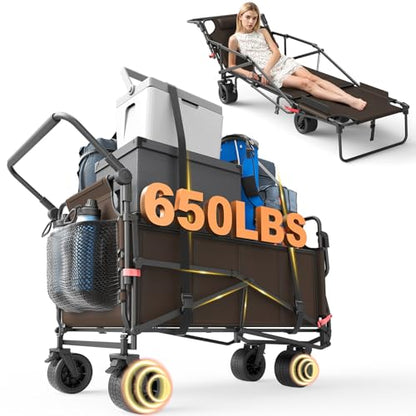 LEVELEVE Heavy Duty Folding Wagon - 2-in-1 Collapsible Cart, All-Terrain Wheels w/Brakes & Side Pockets (Brown, 650lb Capacity) - color: Brown, size: Large