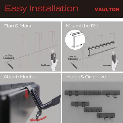 VAULTON 48" Garage Wall Organizer, Metal Slot Tool Rack, 3 Rails 8 Hooks - size: 11-Piece Set (3 Rails, 8 Hooks)
