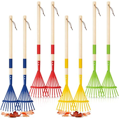 8 Pcs Kids Rake Small 27inch Wood Handle Leaf Rake with Colorful Metal Tine