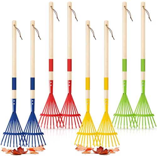 8 Pcs Kids Rake Small 27inch Wood Handle Leaf Rake with Colorful Metal Tine