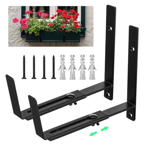2 Pcs Window Box Brackets, Adjustable Window Planter Box Brackets, Heavy Duty Iron Flower Box Brackets for Railings, with Enhanced Bottom Support - Perfect for Balconies, Fences, Gardens