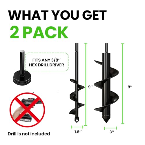 K-Brands Auger Drill Bit for Planting – 1.6 x 9 Inch & 3 x 9 Inch Set - size: 1.6 x 9 + 3 x 9 Inch