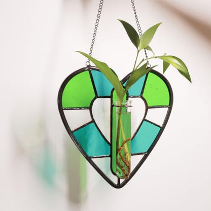 Stained Glass Plant Propagation Station, Handmade Suncatchers Window Hanging Decor, Hanging Hydroponic Planter Terrarium with 2 Glass Tubes for Mother's Day Home & Garden Decor, Green, Indoor Outdoor