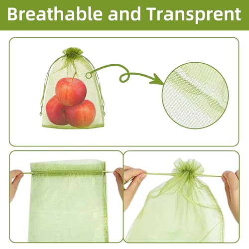 8x12 inch Fruit Protection Bags, 100PCS Green Netting Cover Fruit Mesh Drawstring Bags Protectors Pest Barrier for Fruit Tree, Tomato, Blueberry, Small Fruit Veggies Garden - size: 8x12 inch