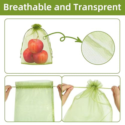 8x12 inch Fruit Protection Bags, 100PCS Green Netting Cover Fruit Mesh Drawstring Bags Protectors Pest Barrier for Fruit Tree, Tomato, Blueberry, Small Fruit Veggies Garden - size: 8x12 inch