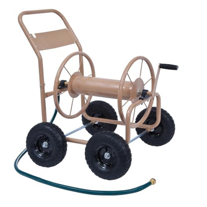 Liberty Garden Industrial 4 Wheel 300 Foot of 0.625 Inch Hose Steel Frame Water Hose Reel Cart for Backyard, Garden, or Lawn, Beige