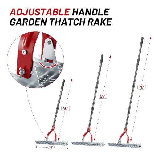 Suchtale Thatch Rake for Lawn, 15" Adjustable Manual Dethatcher Rake