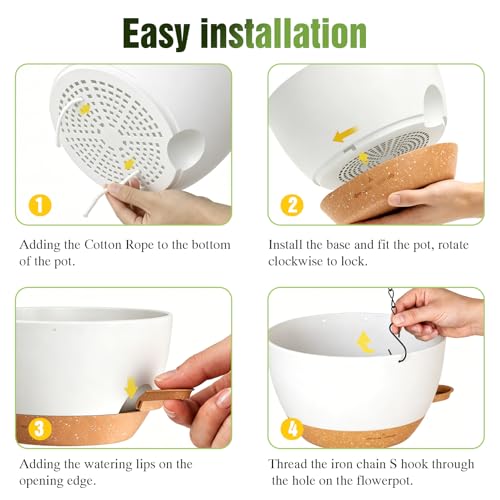 8 Inch Self Watering Hanging Planters Set of 3 with Saucers - color: White Brown, size: 8 Inch 3 Pack
