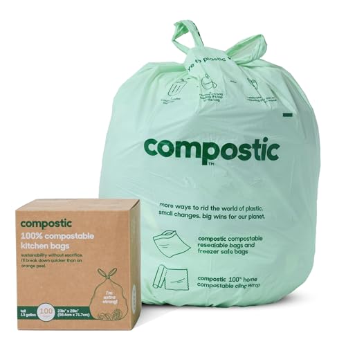 Compostic Compostable 13 Gallon Trash Bags, 100 Ct, Extra Strong - size: 100 Count (Pack of 1), style: Tall 13 Gallon