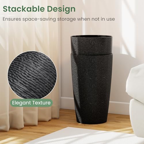 GIANTEX 21” Tall Round Plastic Planters Set of 2 w/Drainage System, Black - color: Black, size: 13"x13"x21"