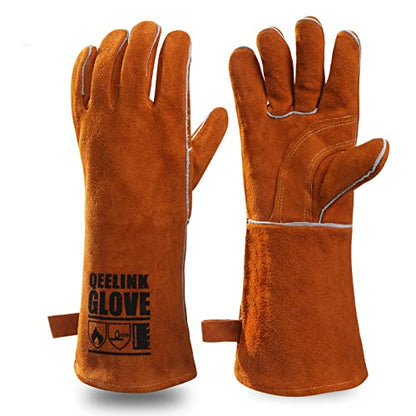 QeeLink Welding Gloves for Men - Fireproof Leather and Stitching - color: Brown (16-inch)