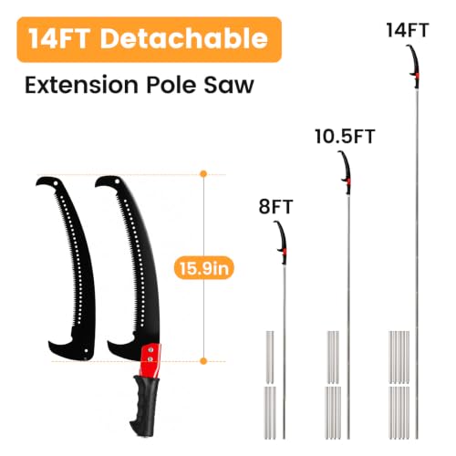 14FT Pole Saw for Tree Trimming, Manual Tree Pruner with Sharp Blade, Detachable Extension Pole, Lightweight Long Reach Branch Cutter for Yard Garden Patio Forestry - size: 14FT