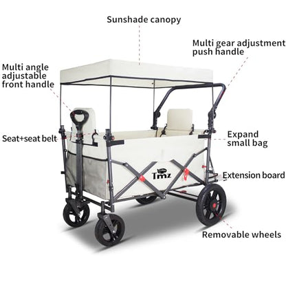TMZ Collapsible Wagon with 2 Foldable Seats, Folding Cart with Removable Canopy, Heavy Duty Wagon 265LBS Load Capacity for Camping Garden Shopping (Beige) - color: Beige