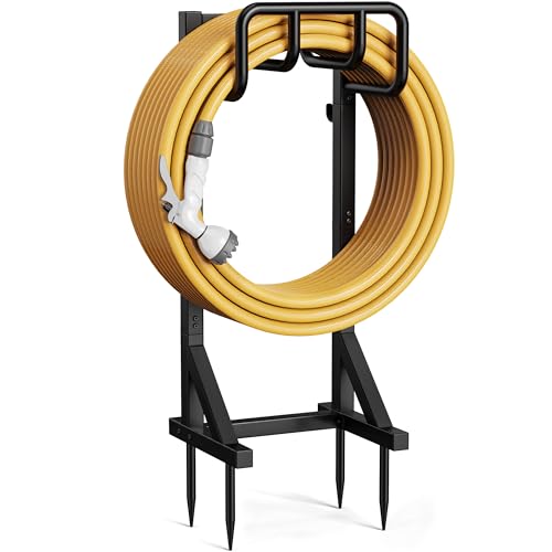Garden Hose Holder Stand, Freestanding Heavy Duty Metal Hose Holder with Stable Base and Tool Hooks, Rustproof Water Hose Storage Rack for Outside Yard Lawn（2 Pack)