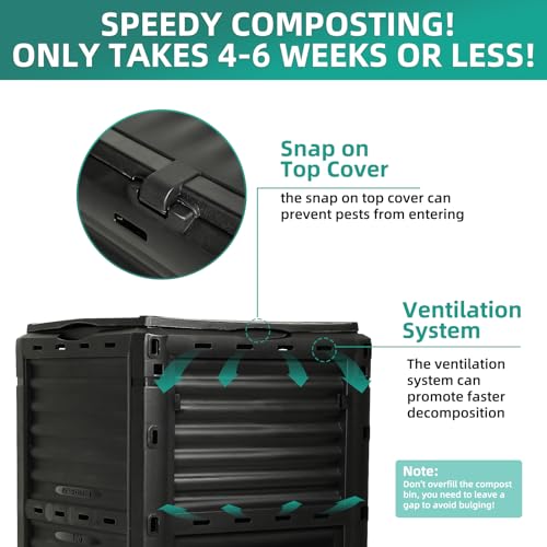 80 Gallon Large Compost Bin Outdoor - 300L High Capacity Composter with Top Flip Latch Lid - BPA-Free Heavy Duty Garden Waste Bin for Kitchen Scraps & Yard Waste - Easy Assembly, Black - size: 80 Gallon