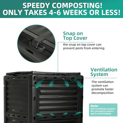 80 Gallon Large Compost Bin Outdoor - 300L High Capacity Composter with Top Flip Latch Lid - BPA-Free Heavy Duty Garden Waste Bin for Kitchen Scraps & Yard Waste - Easy Assembly, Black - size: 80 Gallon