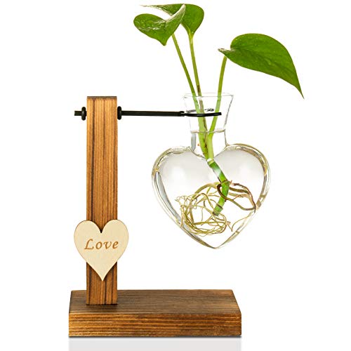 Kingbuy Hydroponic Glass Vase Vintage Desktop Plant Terrarium Planter Bulb Vase Water Planting Propagation Vase Planters Hydroponics Plants with Retro Wooden Stand Home Garden. (D(1 Heart Vase)) - size: Heart （1 Bulb Vase）