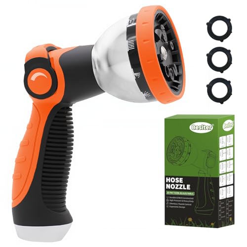 Besiter Garden Hose Nozzle, Hose Sprayer Nozzle with 10 Spray Patterns, Thumb Control On Off Valve, High Pressure Metal Water Hose Nozzle for Car Wash, Plants, Pets & Outdoor Cleaning, Orange - color: Orange-m