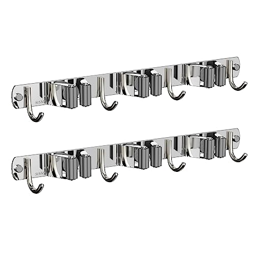 2 Pack Mop and Broom Holder Wall Mount for Kitchen Garden Garage Laundry - color: Silver, size: 2 Pack 3 Racks with 4 Hooks