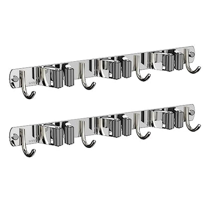 2 Pack Mop and Broom Holder Wall Mount for Kitchen Garden Garage Laundry - color: Silver, size: 2 Pack 3 Racks with 4 Hooks