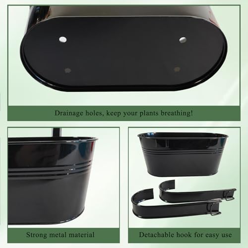 10" Metal Hanging Planter for Railing with Detachable Hooks, Black, 2 Pcs - color: Black