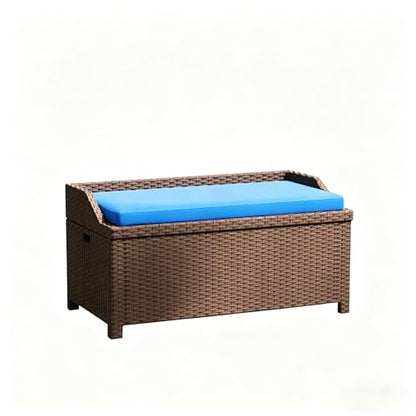 34 Gallon Outdoor Storage Bench, Rattan Wicker Deck Box with Blue Cushion - color: Blue,Coffee