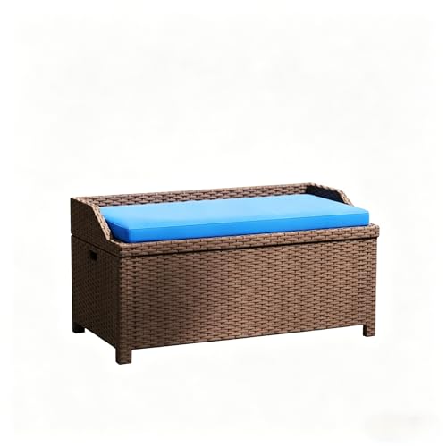 34 Gallon Outdoor Storage Bench, Rattan Wicker Deck Box with Blue Cushion - color: Blue,Coffee
