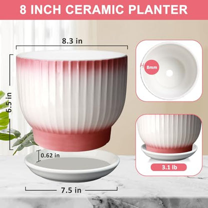 8 Inch Ceramic Plant Pot, Pink + White - color: Pink + White, size: 8 Inch(1 PCS)