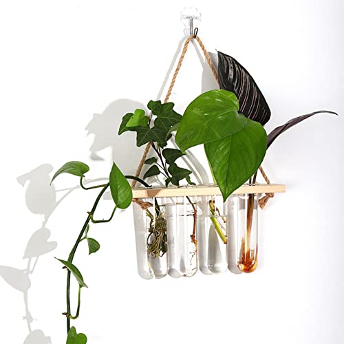 Wall Hanging Plant Terrarium, 4 Test Tube Propagation Station, Glass Planter for Propagating Hydroponic Plants, Mini Flower Vase with Wooden Stand, Home Garden Wedding Decoration (Retro Color) - color: Retro Color