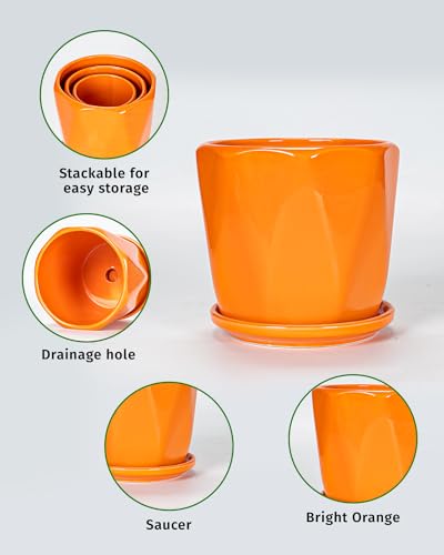 Ceramic Plant Pots Set of 3, Indoor Planter with Drainage Holes and Saucers - color: 2-orange