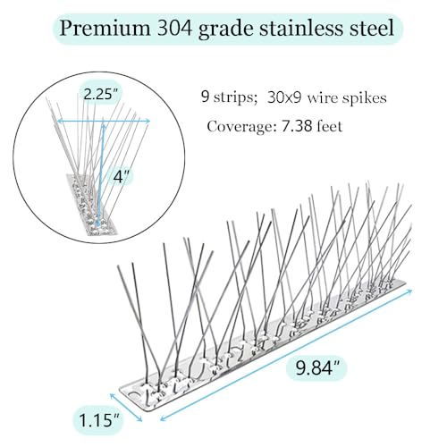 PANGCH Bird Spikes,Stainless Steel Bird Spikes Metal Bird Spikes Fence Spikes Easy to Install - 9 Strips 7.38 Feet Coverage - size: 7.38Feet