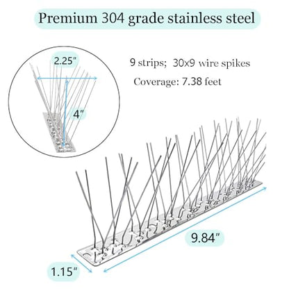 PANGCH Bird Spikes,Stainless Steel Bird Spikes Metal Bird Spikes Fence Spikes Easy to Install - 9 Strips 7.38 Feet Coverage - size: 7.38Feet