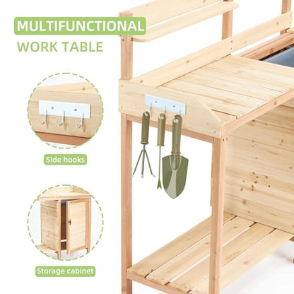 42" Outdoor Potting Bench with Sink, Wooden Potting Table with Sliding Tabletop, Storage Cabinet & Bottom Shelf, Garden Work Bench for Patio Backyard Porch, Natural